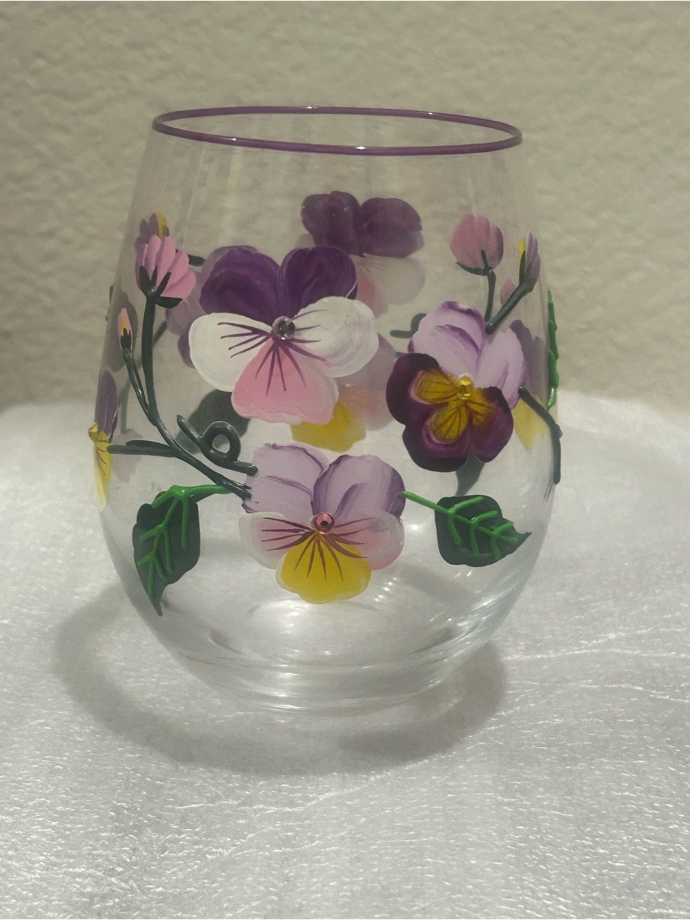 Hand-Painted Purple Floral Stemless Wine Glass